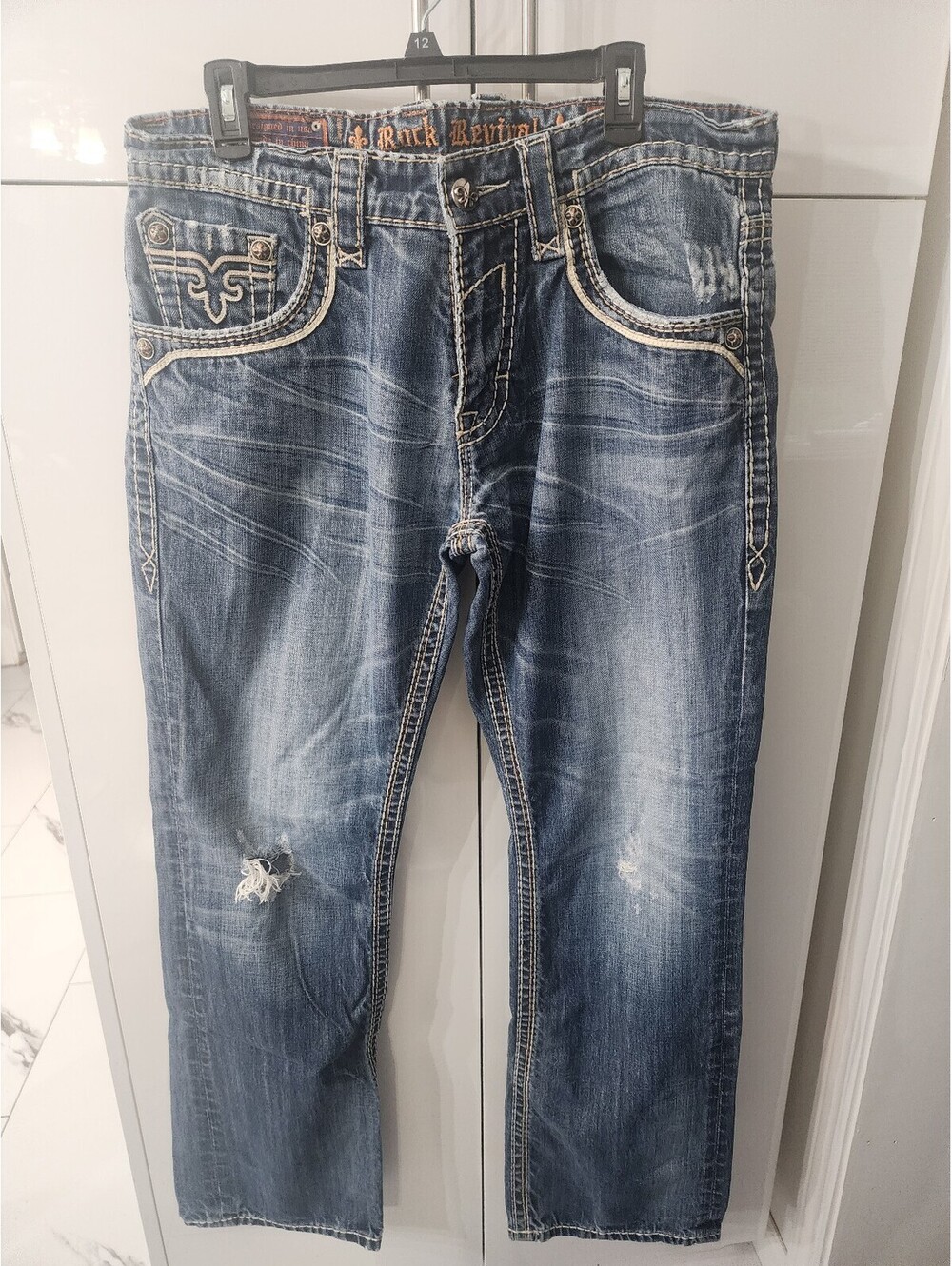 Rock Revival Julian Men's Distressed Blue Denim Jeans Size 34